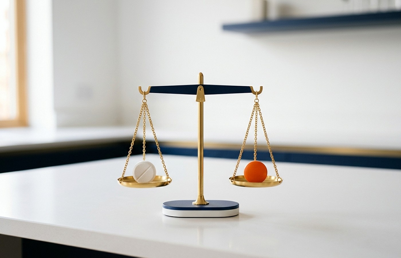Small brass balance scale with a white tablet on one side and a dollar coin on the other, on a clean white surface with navy and gold tones — illustrating atorvastatin price comparison across pharmacies, generic vs Lipitor cost, and how to find the best coupon price for cholesterol medication