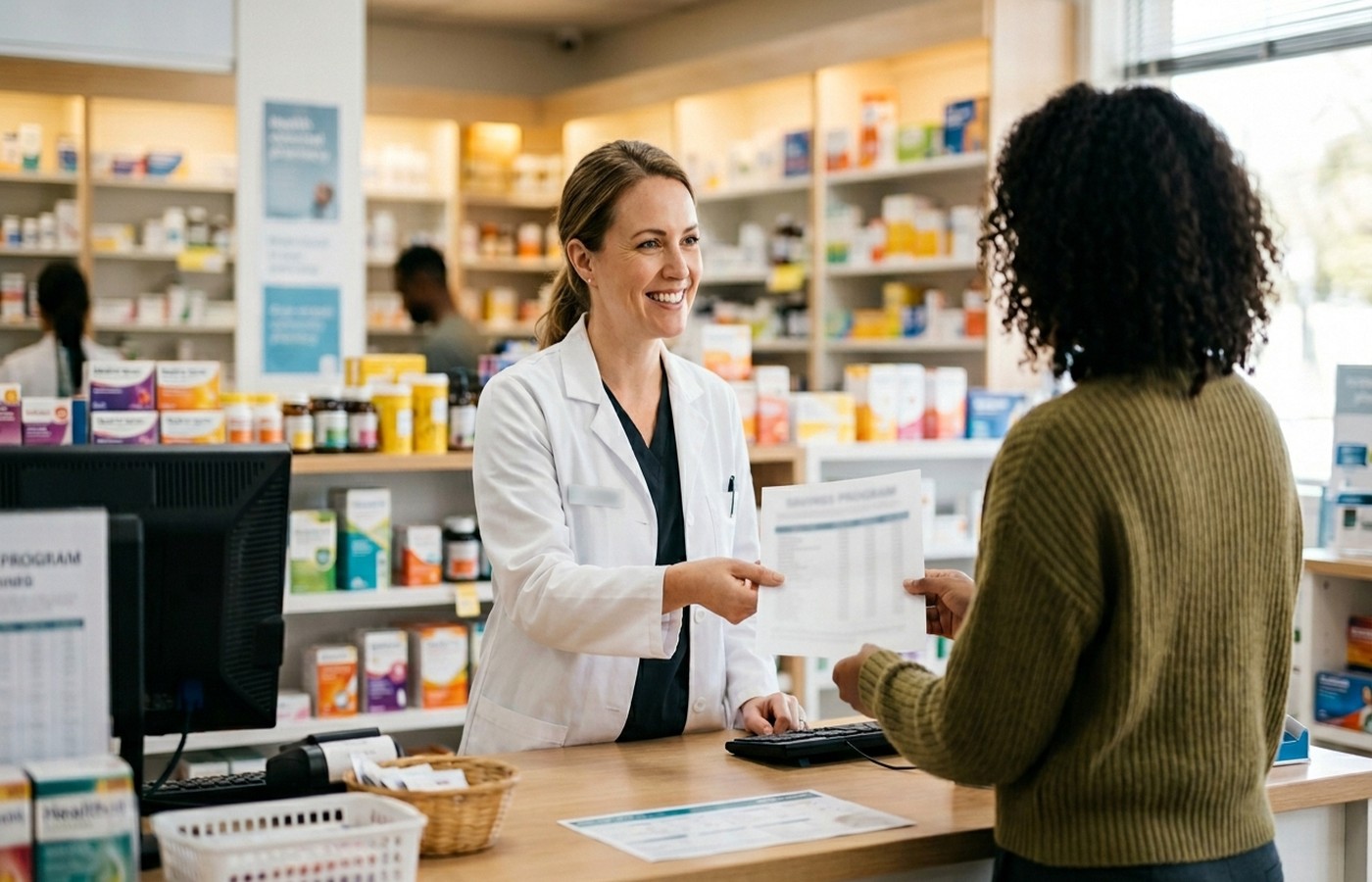 Man standing at a pharmacy counter showing his phone screen to a pharmacist — illustrating whether GoodRx works at every pharmacy, how to use a GoodRx coupon, and where to accept GoodRx pricing at pharmacies nationwide