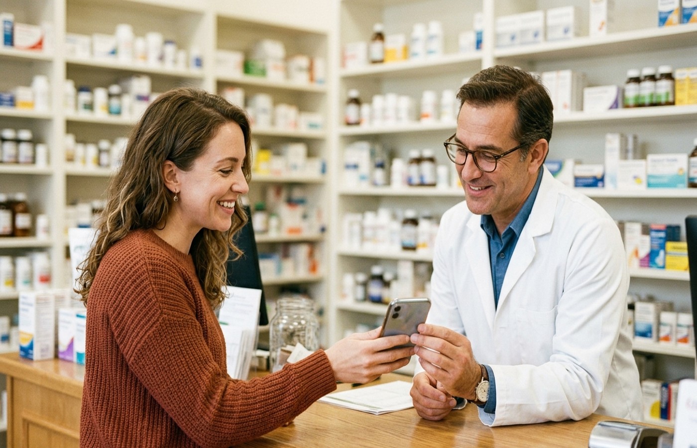 Person comparing two smartphones showing prescription discount card price results at a kitchen table — illustrating GoodRx alternatives including SingleCare, WellRx, BuzzRx and RxDiff prescription discount programs in 2026
