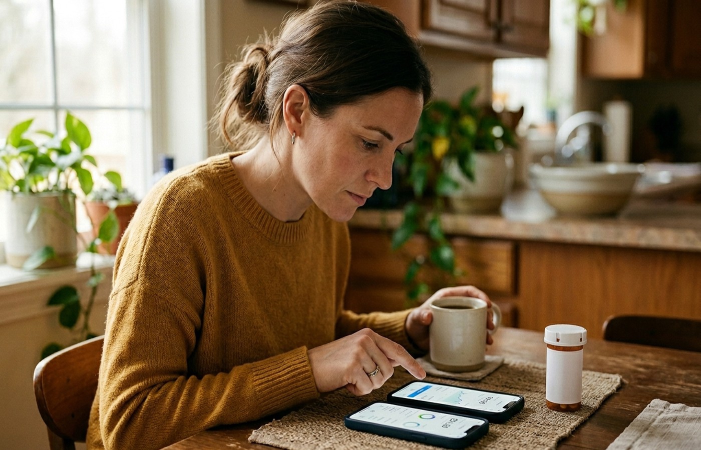 Person holding a smartphone showing a price comparison chart at a desk with a prescription bottle — illustrating whether GoodRx is still the best prescription discount card option in 2026, comparing GoodRx Gold pricing against SingleCare, WellRx, and RxDiff alternatives