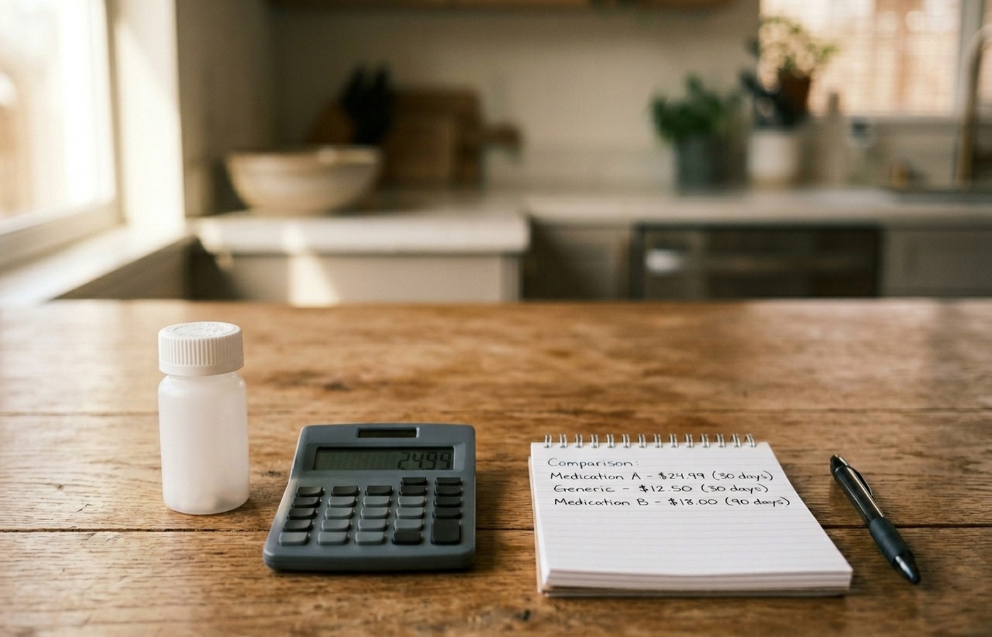 Prescription pill bottle next to a calculator and a price comparison notepad on a wooden kitchen table — illustrating lisinopril cost without insurance, 10 mg and 20 mg pricing comparisons, coupons, and how to lower your blood pressure medication cost