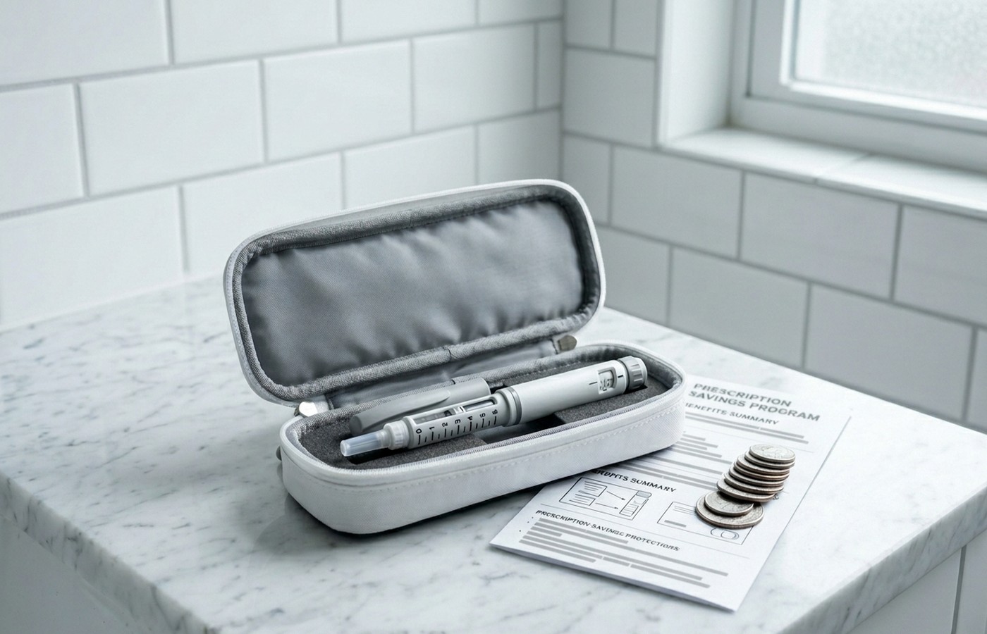 Unbranded injection pen in an insulated case with a receipt beside it on a bathroom counter — illustrating the cost of Ozempic without insurance, savings card options, and how to save money on semaglutide GLP-1 prescription costs in 2026