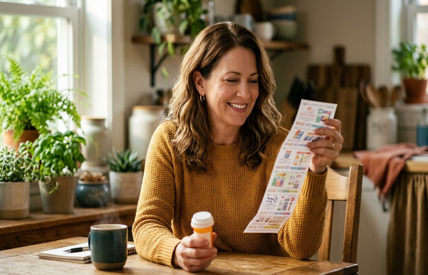 Pharmacist at pharmacy counter showing a patient how to use a prescription discount card — illustrating how drug discount cards work, prescription discount card programs, and how to save on prescription drug costs at pharmacies nationwide