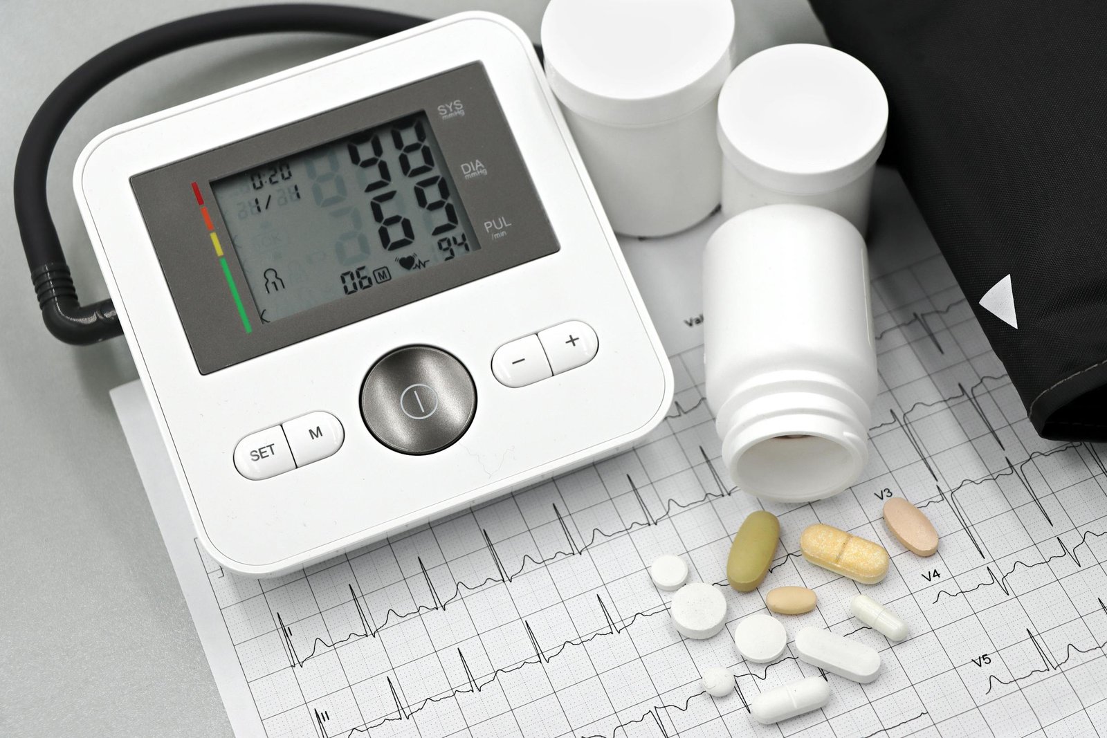 Blood pressure monitor with pills on ECG sheet, essential for heart health management.